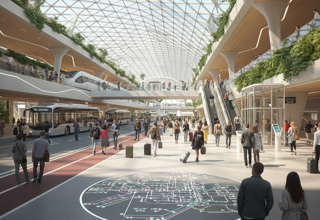 Future vision of a next-generation multi-modal transport hub with integrated passenger flow and commercial activation